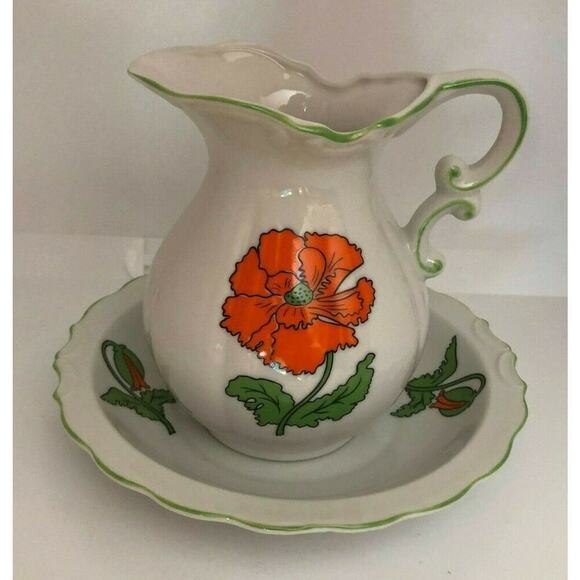 Vintage Seven Seas Bath Fashions Kitchen Flower Retro Pitcher & Bowl Japan - Picture 1 of 7